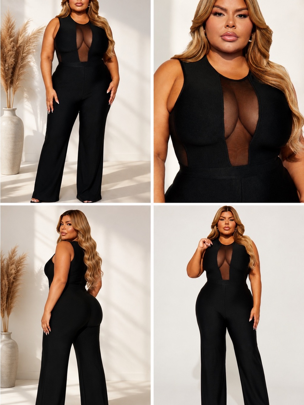 Fashion Nova Black Mesh-Insert Wide-Leg Jumpsuit